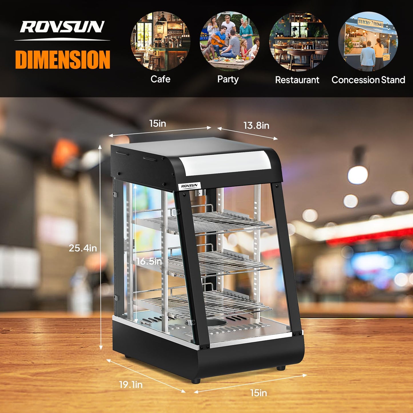ROVSUN 15" Commercial Food Warmer Display Pizza Warmer, 3-Tier Electric Countertop Food Warmer w/LED Lighting Adjustable Removable Shelves Glass Door, Pretzel Warmer for Buffet Restaurant, 1000W