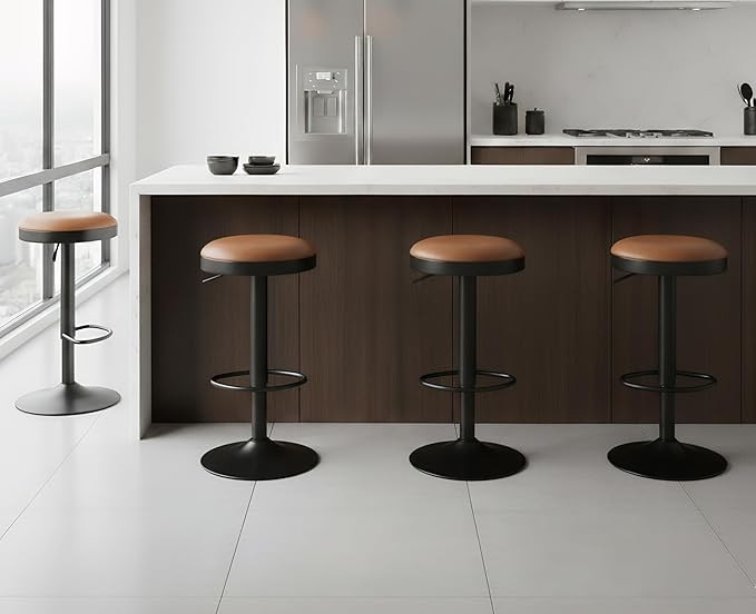 EALSON Modern Swivel Bar Stools Set of 4 Adjustable Counter Height Backless Barstools with Metal Base Leather Upholstered Round Bar Stool Chairs for Kitchen Island/Pub/Breakfast Bar, Brown