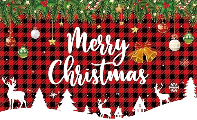 Red Plaid Christmas Banner 71x43 inch Christmas Party Decorations Backdrop for Home Party & Store Holiday Decorations