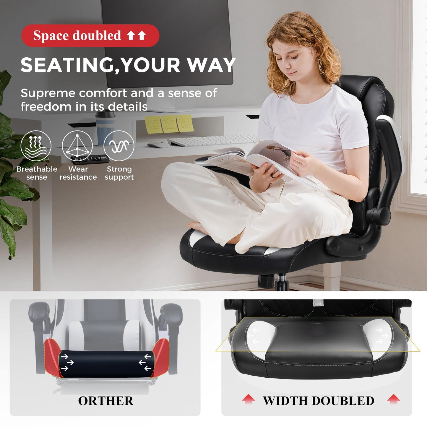 GTPLAYER Office Computer Gaming Chair Ergonomic Desk Chair for Adults with Lumbar Support Flip-Up Arms Adjustable Height Swivel Wheels PU Leather Executive Design for Short People Use, White