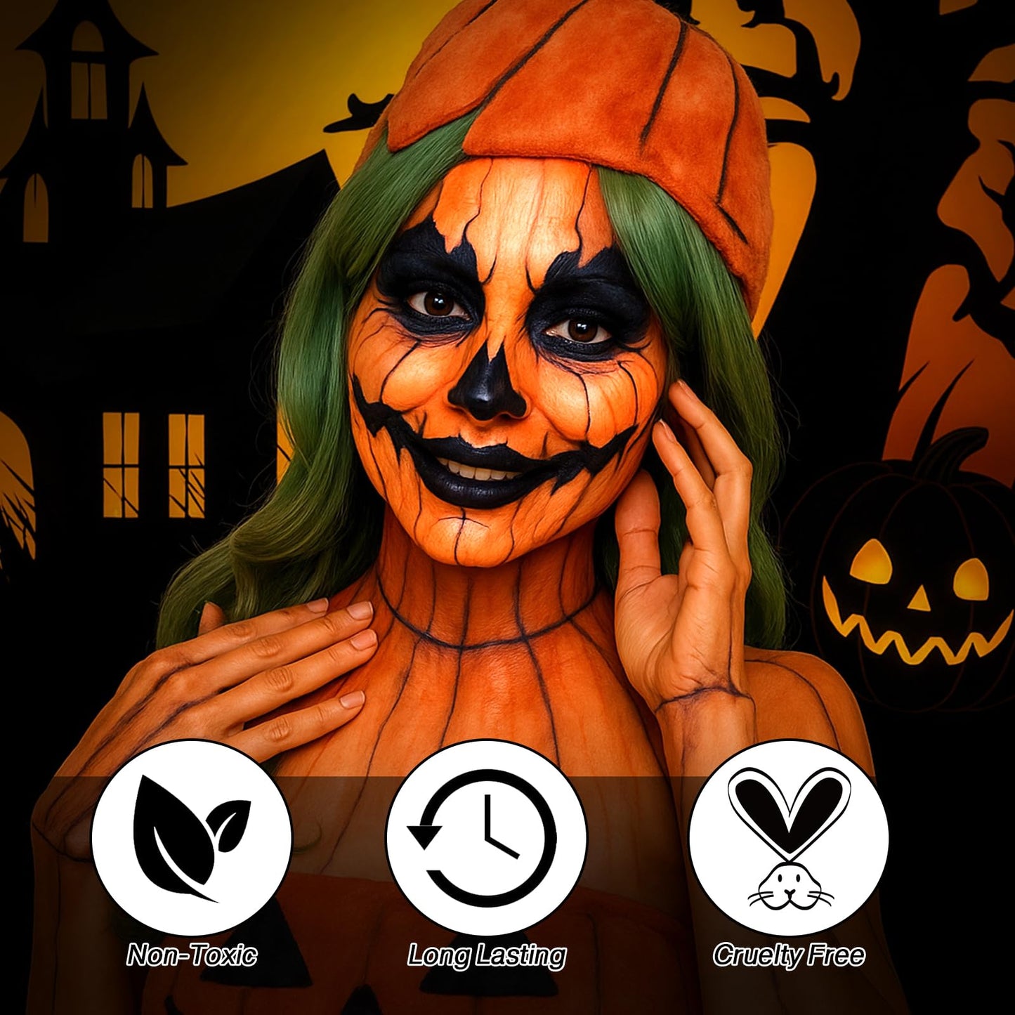 Black Orange Yellow Face Body Paint, Halloween Scarecrow Makeup Kit (3 Sponges + 5 Brushes), 9 Pcs Oil Based Non Toxic Face Pain