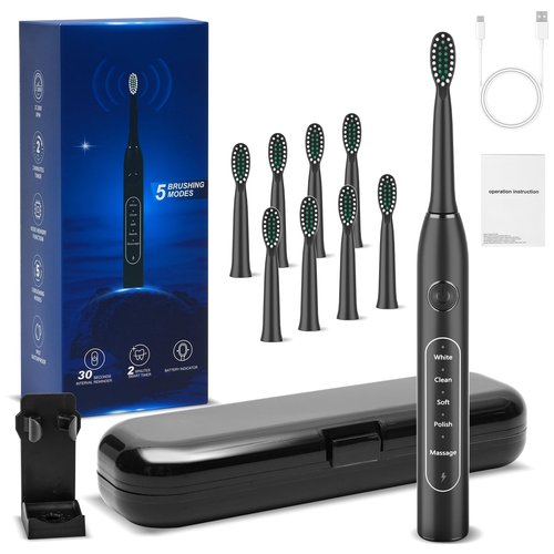 SunnyNest Electric Toothbrush for Adults with 8 Replacement Brush Heads, Travel Bag, 5 Cleaning Modes, IPX7 Waterproof, Rechargeable, Smart Timer, Black Whitening Power Toothbrush Set