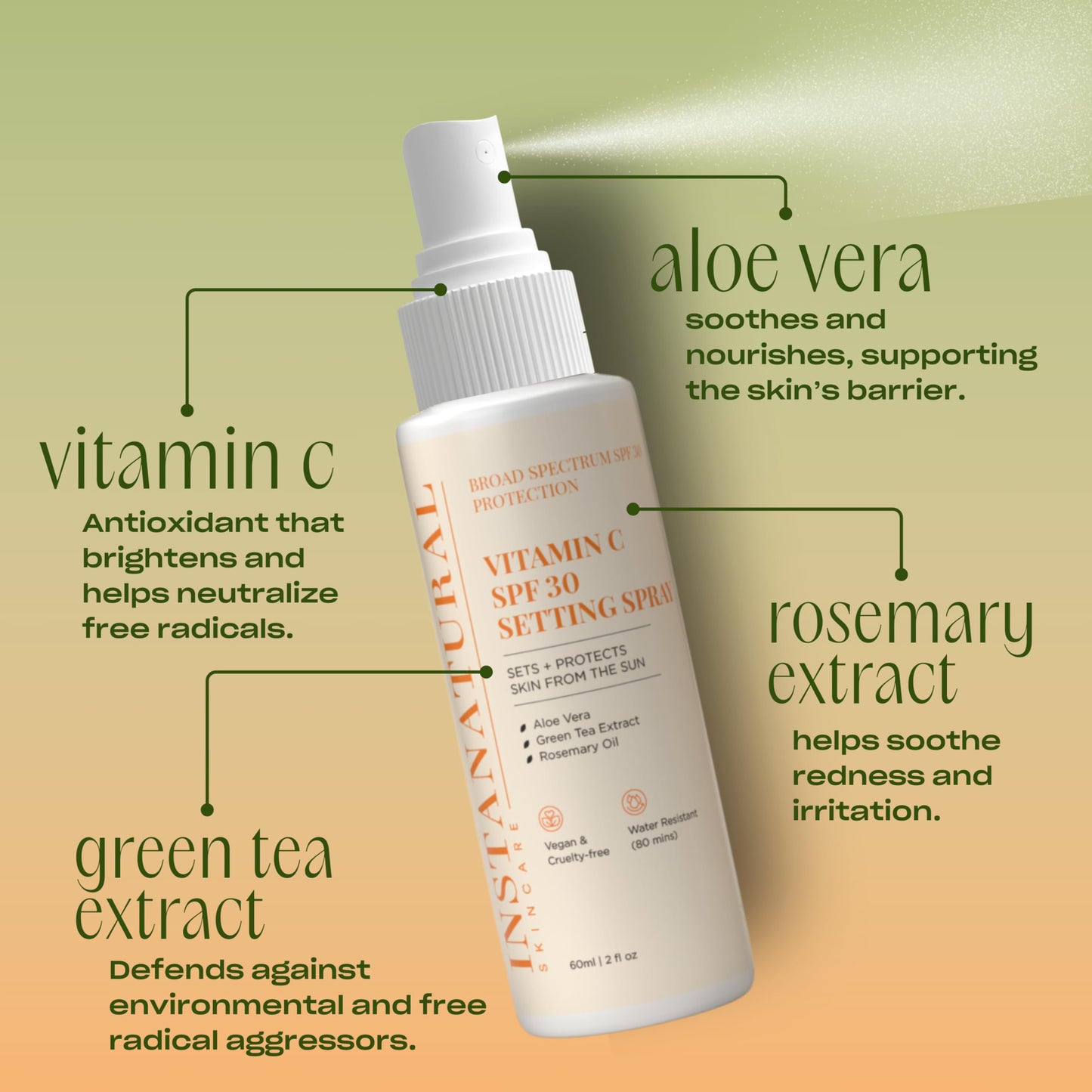 InstaNatural Skin Care Vitamin C SPF 30 Broad Spectrum Sunscreen Make Up Setting Spray, Brightens & Hydrates, UVA, UVB Sun Prote