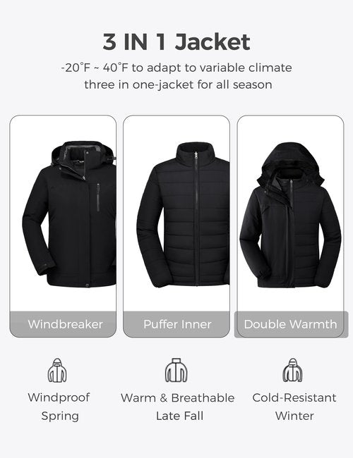 wantdo Women's 3 in 1 Ski Jacket Winter Mountain Insulated Warm Raincoat Black 4X-Large