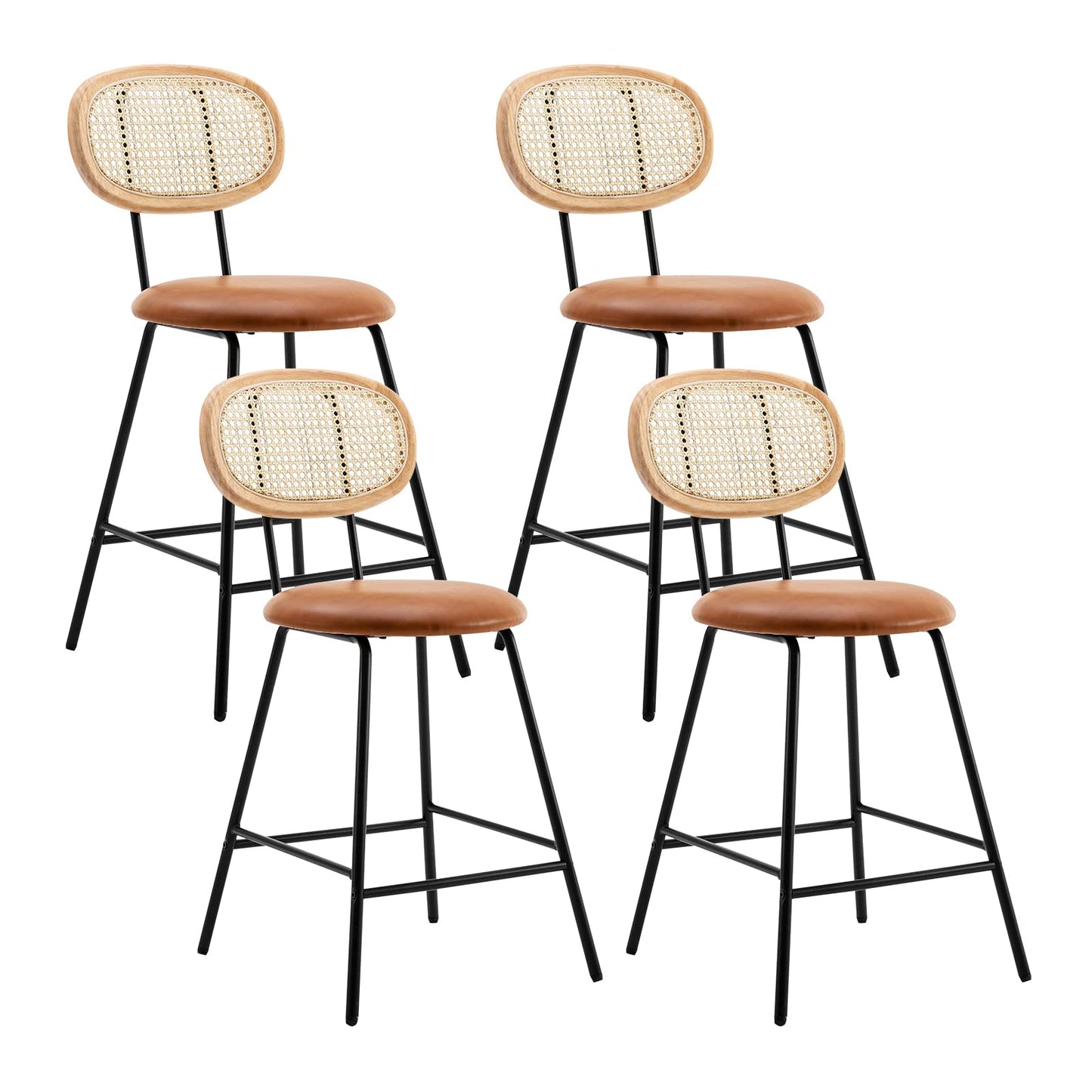 Counter Stools Set of 4, Bar Stools, Indoor Metal Counter Height Barstools for Home, Faux Leather Counter Stool with Rattan Backrest