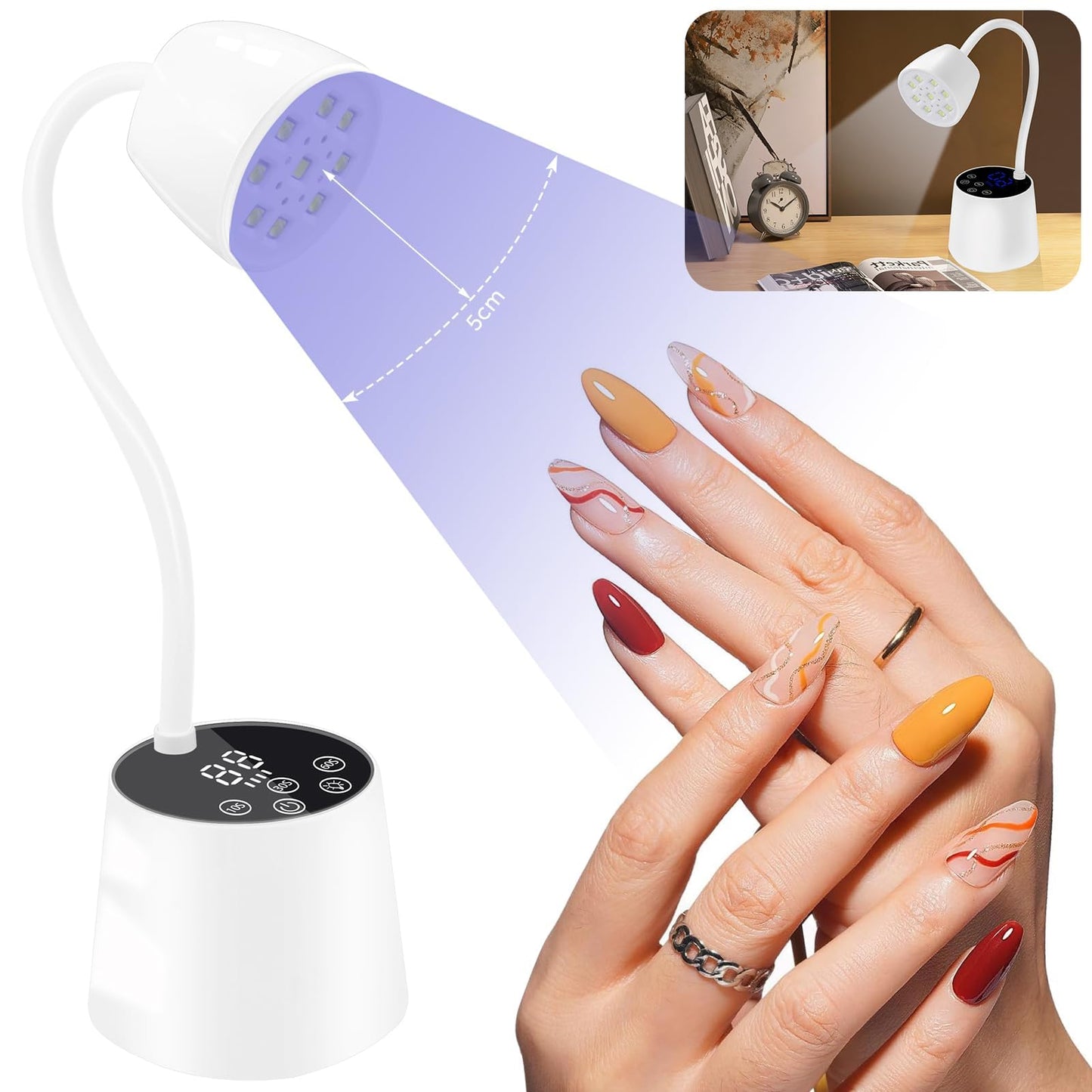 DAQVQ UV LED Nail Lamp, Gooseneck UV Light for Gel Nails & LED 2 Modes, Cordless Rechargeable Nail Dryer Gel Lamp with 3 Timers