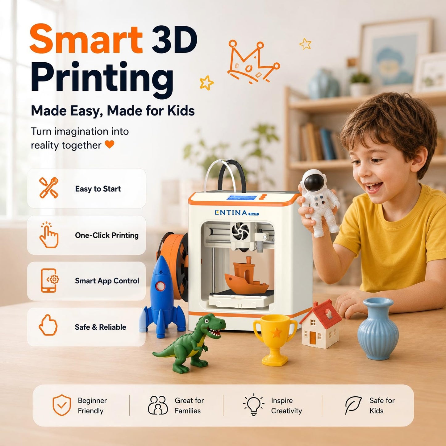 Entina Tina2C 3D Printer for Kids & Beginners, Fully Assembled Starter Mini 3D Printer, Start in 8 Mins, App & WiFi Control, Auto Leveling, 1500+ Model Library, 20+ Creative DIY Modules for STEM, Home