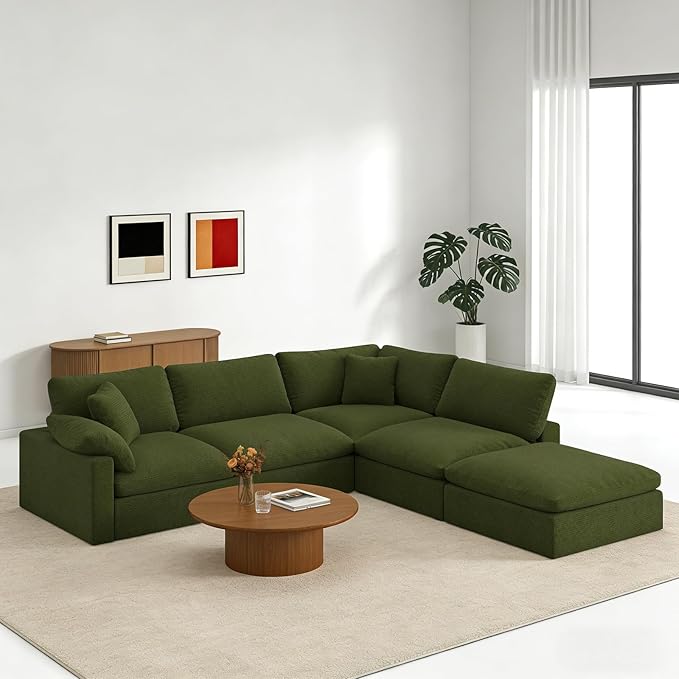 Forest aesthetics 143" Cloud Modular Sectional Sofa,Green Down Filled Sofa 4 Seat with Chaise,Minimalist Sofa Cover Washable and Replaceable Couches for Living Room,Sectional Sofa Deep Seat