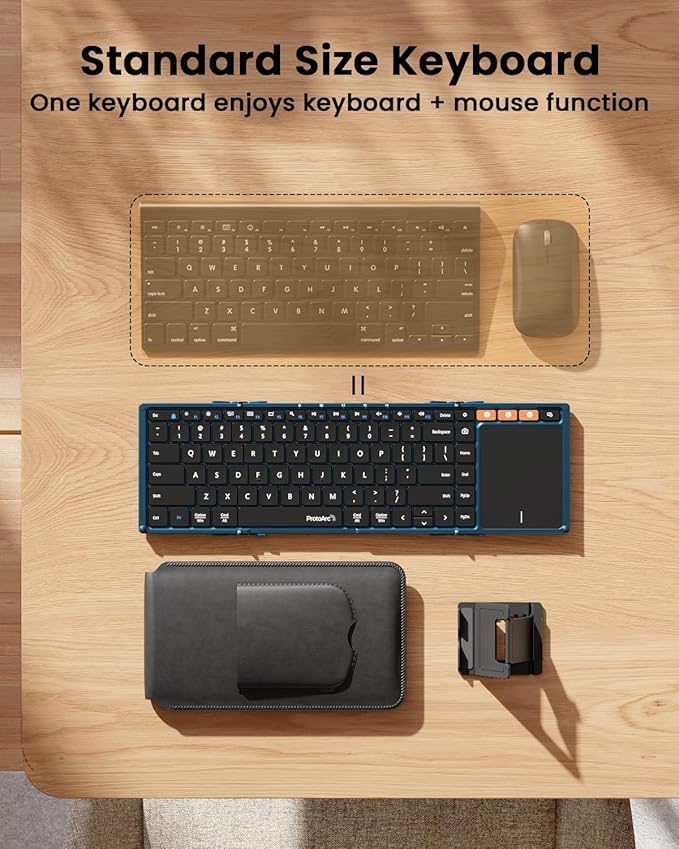 ProtoArc Foldable Keyboard with Touchpad, XK01 TP Folding Portable Keyboard, Full Size Keys, Large Trackpad Bluetooth Travel Keyboards for Laptop PC Tablet - Blue