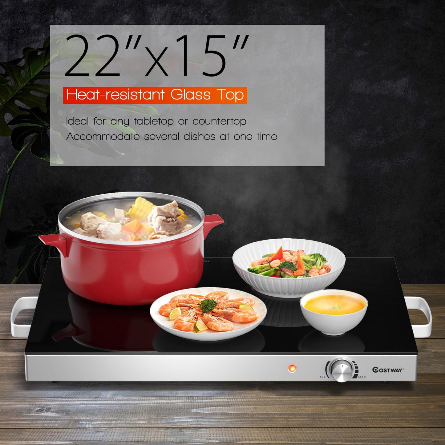 COSTWAY Electric Food Warming Tray, 25" x 15" Food Warmer for Parties with Adjustable Temperature Control, ETL Certified, Tempered Glass Surface, Electric Hot Plate for Buffets, Restaurants (3)