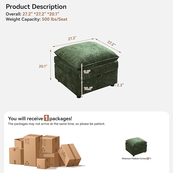 Abbrevi 27" Large Square Ottoman with Storage, Modern Upholstered Footrest with Anti-Slip Legs for Couch Coffee Table Living Room, Bedroom, Entryway, Chenille Green