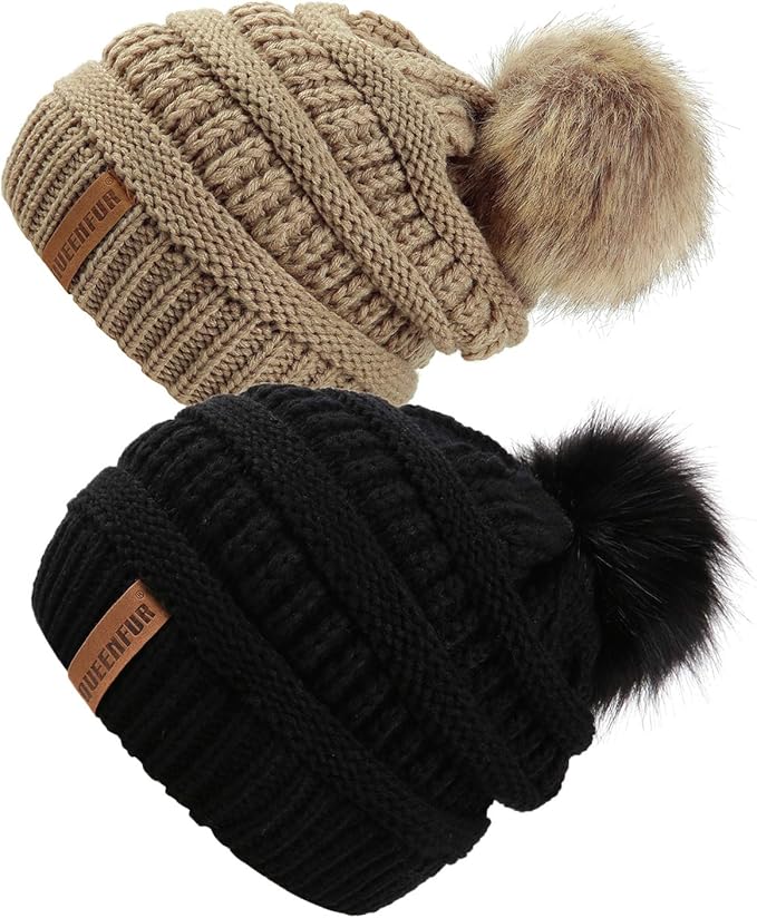 QUEENFUR Women Knit Slouchy Beanie Chunky Baggy Hat with Faux Fur Pompom Winter Soft Warm Ski Cap