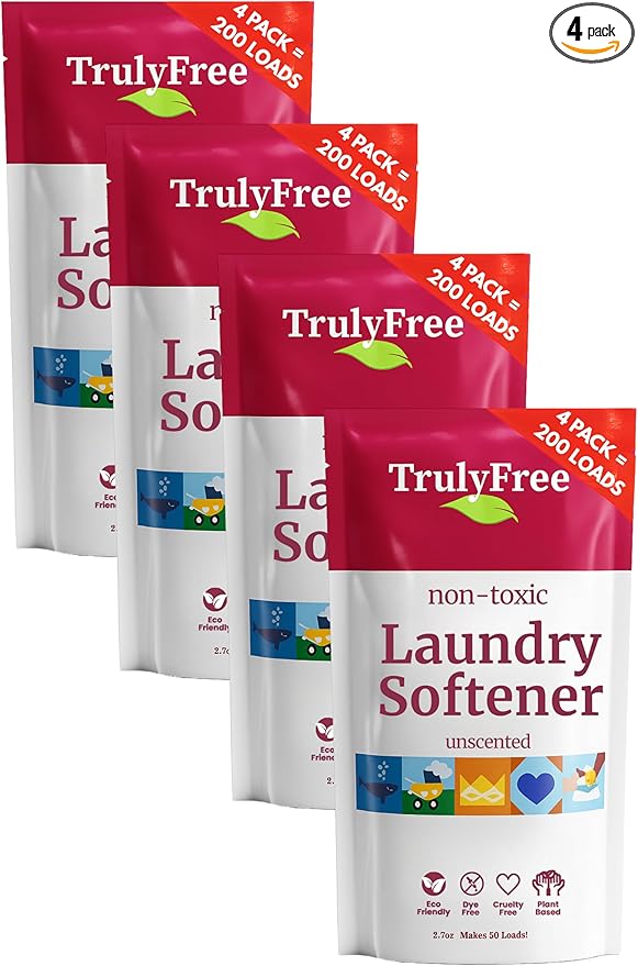 Truly Free Fabric Softening Conditioner for Clothes| Safe for Babies & Kids with Sensitive Skin | Plant-Based | Includes 4 Refills | Unscented Rinse(200 Loads)