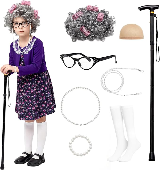 ENBOFID Old Lady Costume for Girls 100th Day of School Costume Grandma Granny Dress with Wig for Kids