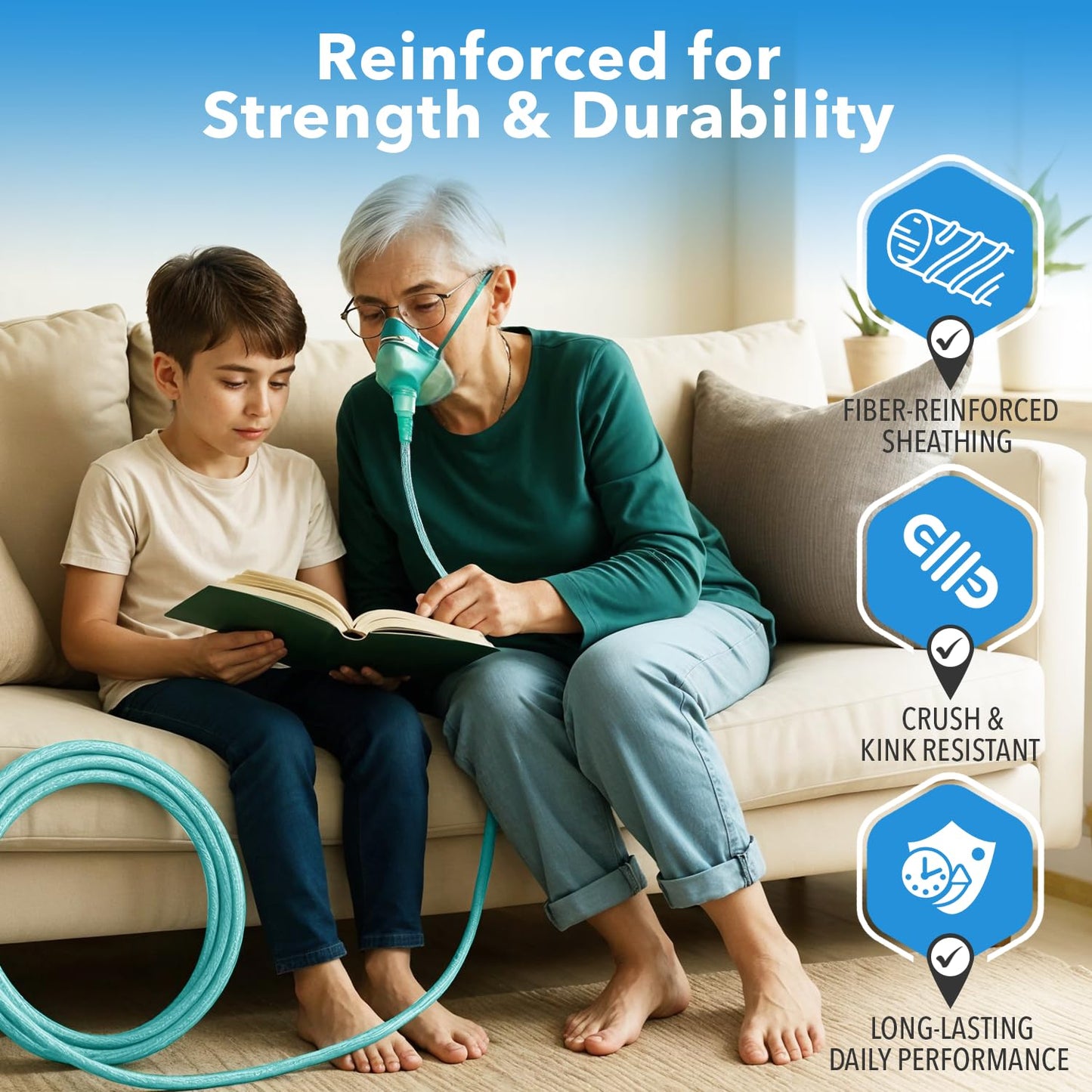Oxygen Tubing 50 Ft Non Kinking High Flow — Medical Grade Universal Oxygen Hoses for Home Use, Compatible w/Standard Oxygen Therapy Devices and Connectors, O2 Tubing for Oxygen Concentrator (2 Pack)