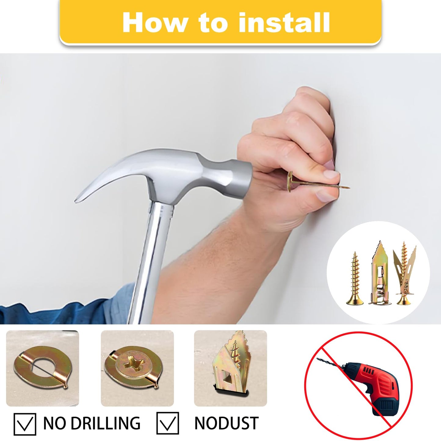Jyphorixal 160 PCS Drywall Self Drilling Anchors with Screws Kit,80 PCS Sheetrock Anchors (0.47X1.18inch) and 80 PCS Screws, Eliminating The Need for Drilling or Punching Holes in The Wall.