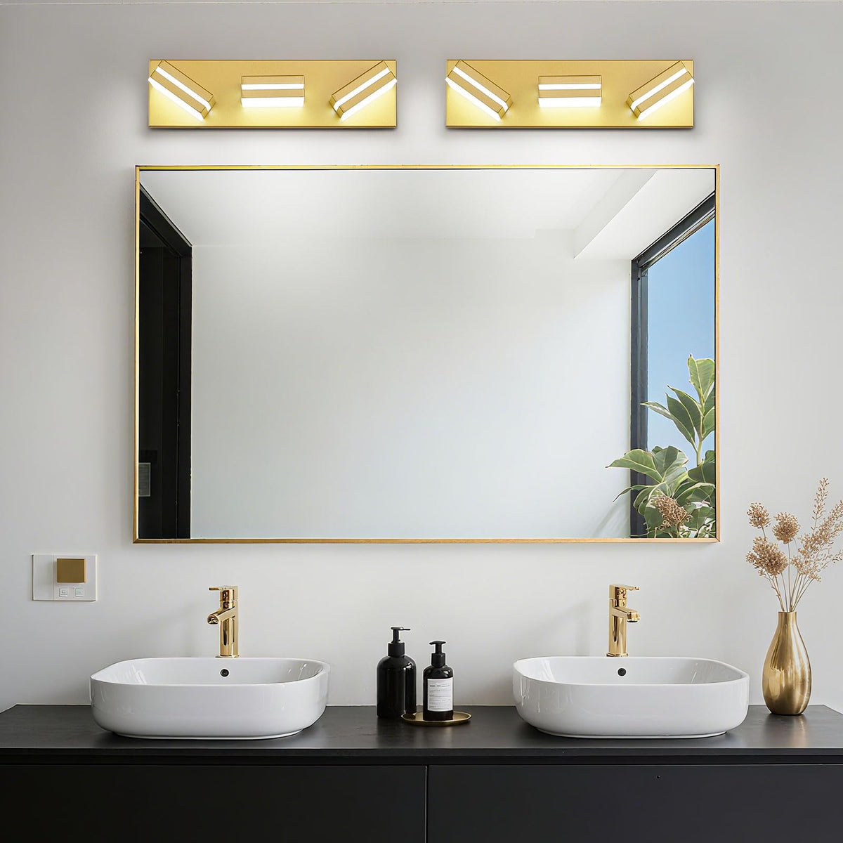 JZEKVN Modern LED Bathroom Lights Fixtures(3-Light),Metal Gold Acrylic Wall Lighting,Vanity Lights for Bathroom Over Mirror(6000k 16In