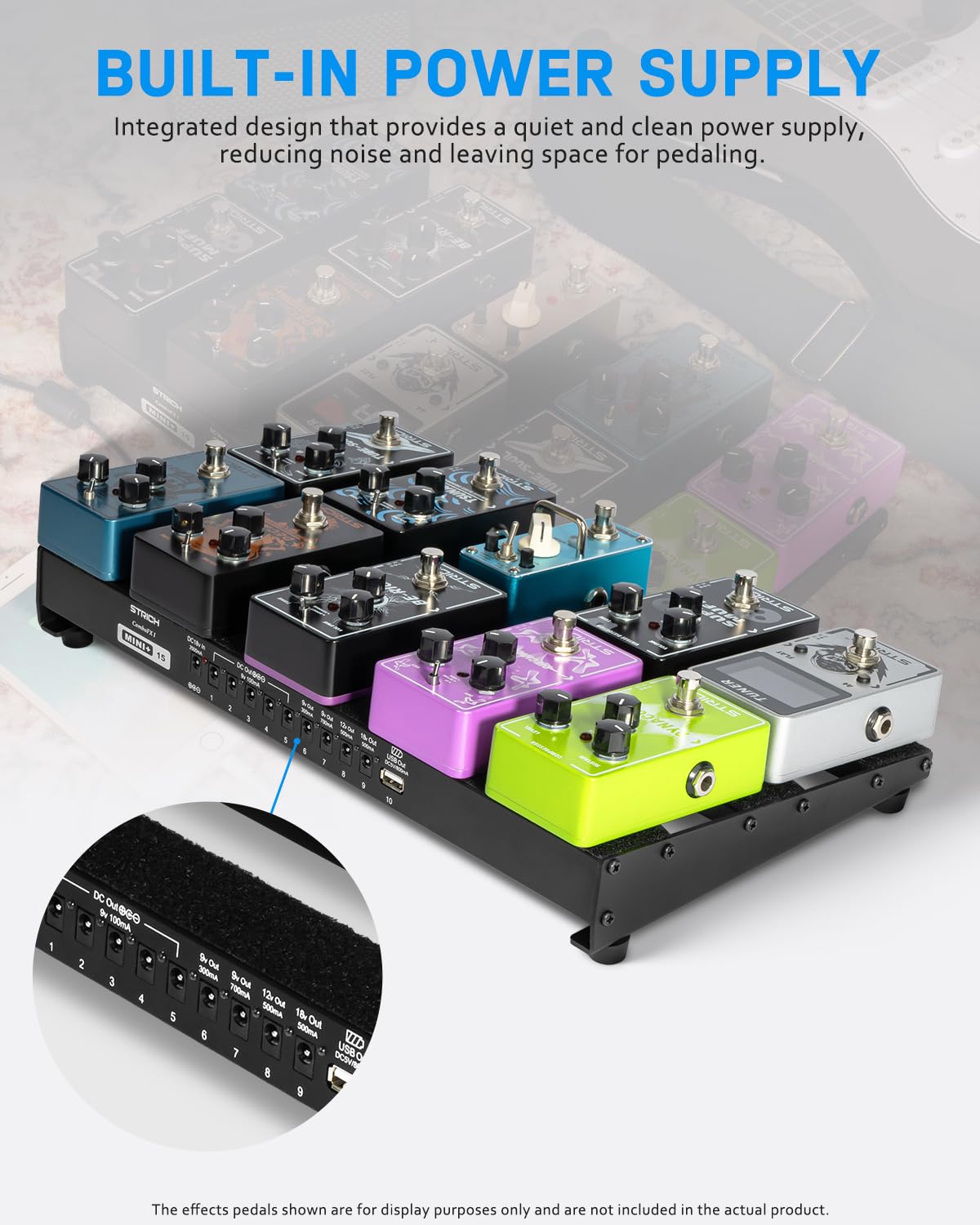 STRICH Guitar Pedal Board PB-MP15 - Lightweight Aluminum 15"x7.8" with Built-in Power Supply, Pedal Cables, Bag, & Hook Loop Strips