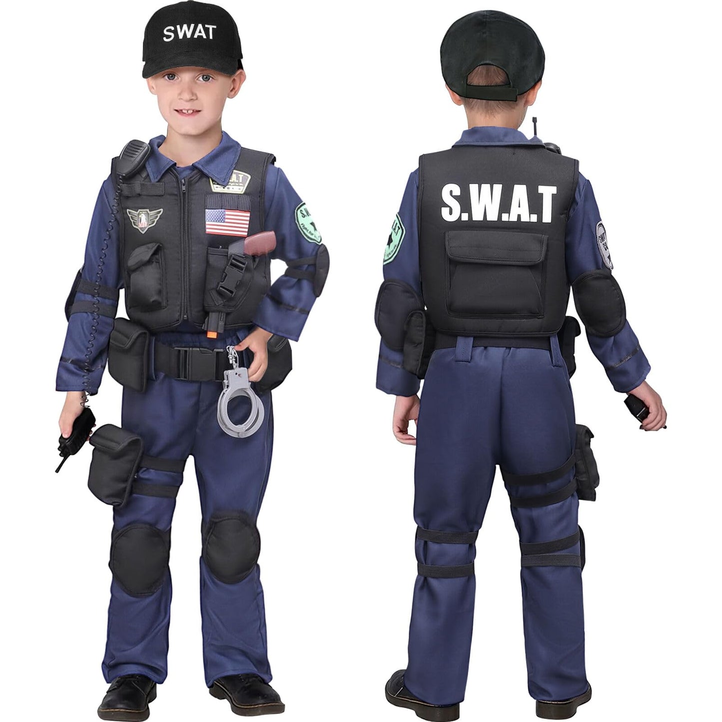 Latocos 15 PCS SWAT Police Officer Costume for Kids with Vest Accessories Cop Dress Up Role Play Set for Halloween Cosplay