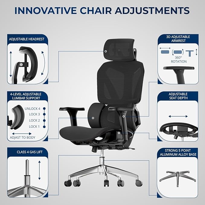 G-PACK PRO Ergonomic Office Chair – Mesh Office Chair with Headrest, Adjustable Armrest and Lumbar Support – Holds Up to 290lbs (GPP-MAX-90)