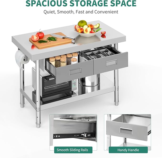 YITAHOME 48" × 24" Stainless Steel Table with 2 Drawers, NSF Work Table with Drawer, Metal Table Prep Table for Home Kitchen Restaurant Garage Warehouse