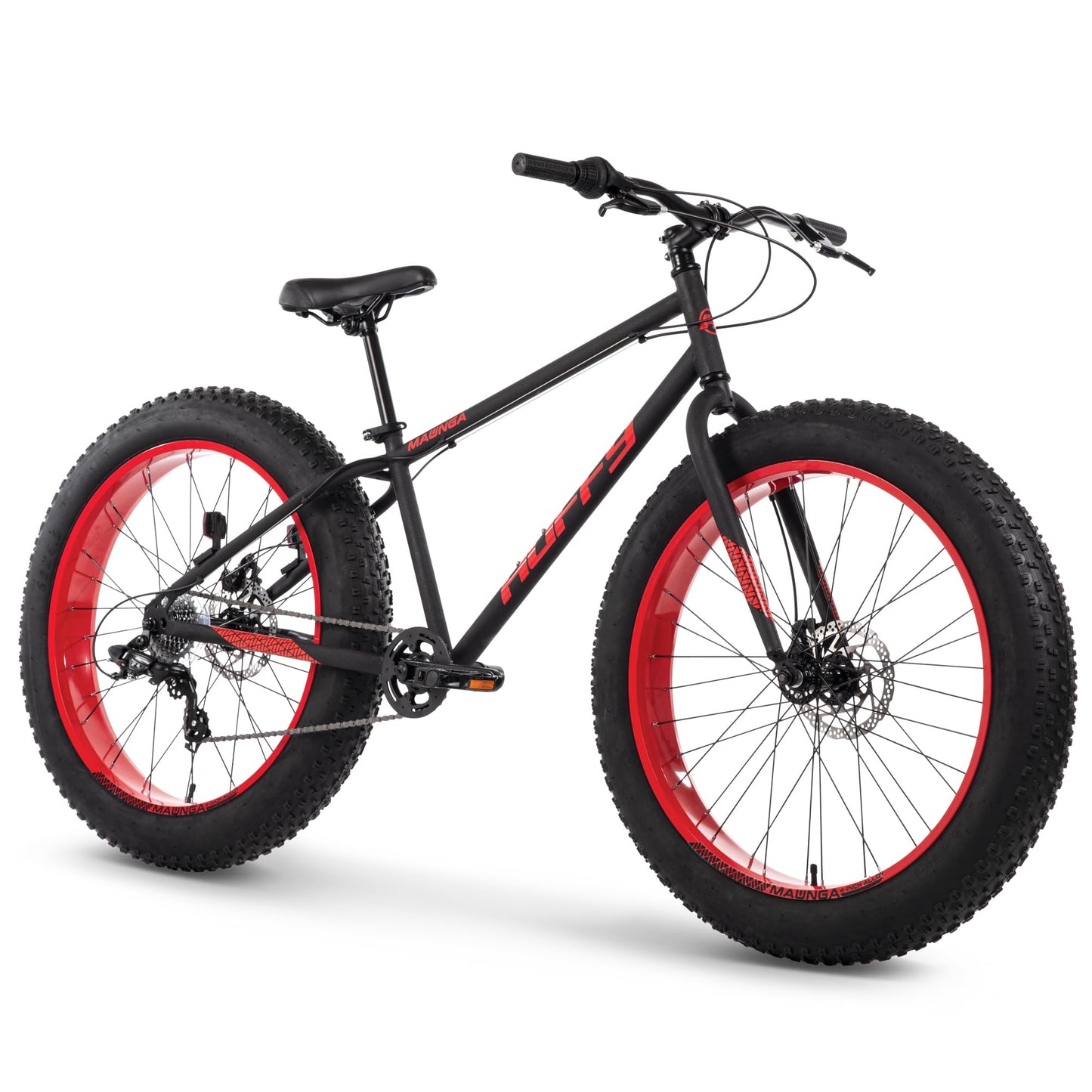 Huffy Maunga Mens Fat Tire Bike, 4-Inch Knobby Tires, Off-Road Mountain Bike, Dual Disc Brakes, Steel Frame, 7-Speed Shimano Twist Shifting