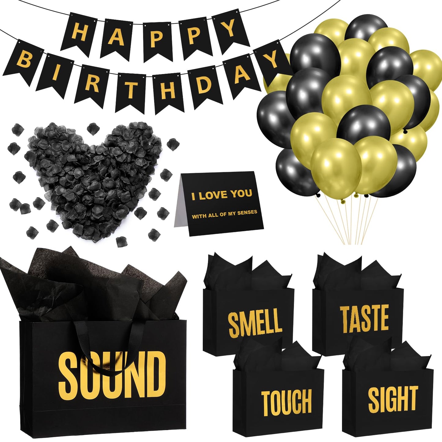 Soulchen 5 Senses Gift Birthday Decorations Five Senses Gift Bags Party Decoration with Happy Birthday Banner Taste Touch Sound Rose Petals Balloon for Party(Black Gold)