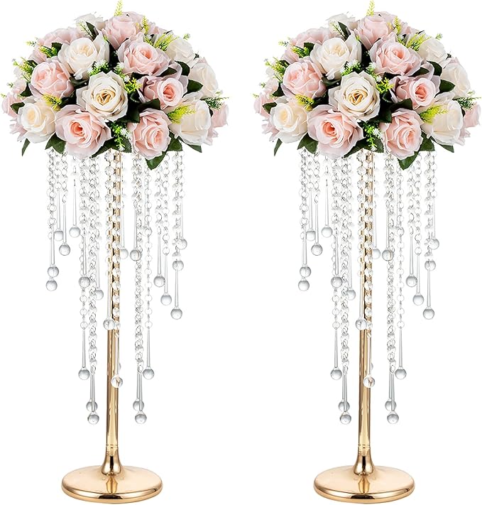 NUPTIO Wedding Centerpieces Gold Vases: 2 Pcs 21.7in Tall Crystal Flower Vase Metal Flowers Stand for Party Tables Decorat...