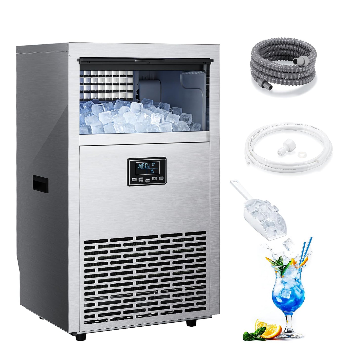 Kismile Commercial Ice Maker, 144 lbs/24H Ice Machine with 29 lbs Storage, Under Counter Ice Maker with LED Display & Self-Cleaning, 304 Stainless Steel Structure for Home, Bar, Outdoor Kitchen