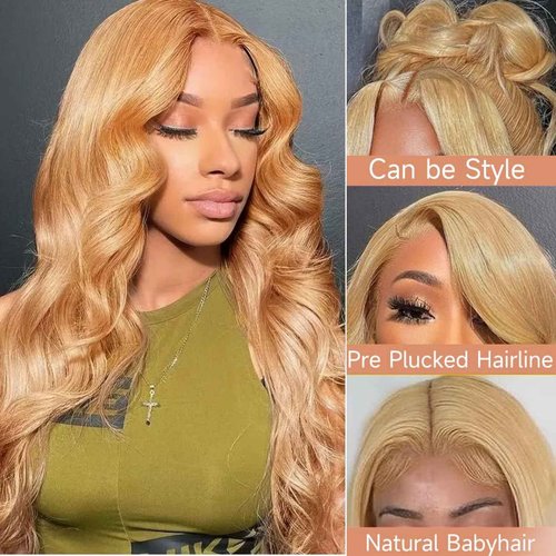 Fugool Honey Blonde Lace Front Wig 13x6 HD Lace Front Wigs Human Hair Pre Plucked 27# Blonde Body Wave Lace Wig 180 Density Colored Glueless Frontal Wigs For Black Women Human Hair 13x6 22 Inch