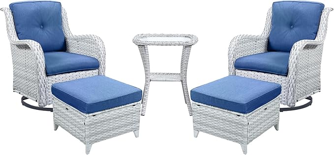 Belord Outdoor Swivel Rocker Furniture 5 Pieces Patio Wicker Furniture Sets, Rattan Patio Swivel Glider Chairs with 2 Ottoman and Glass Side Table