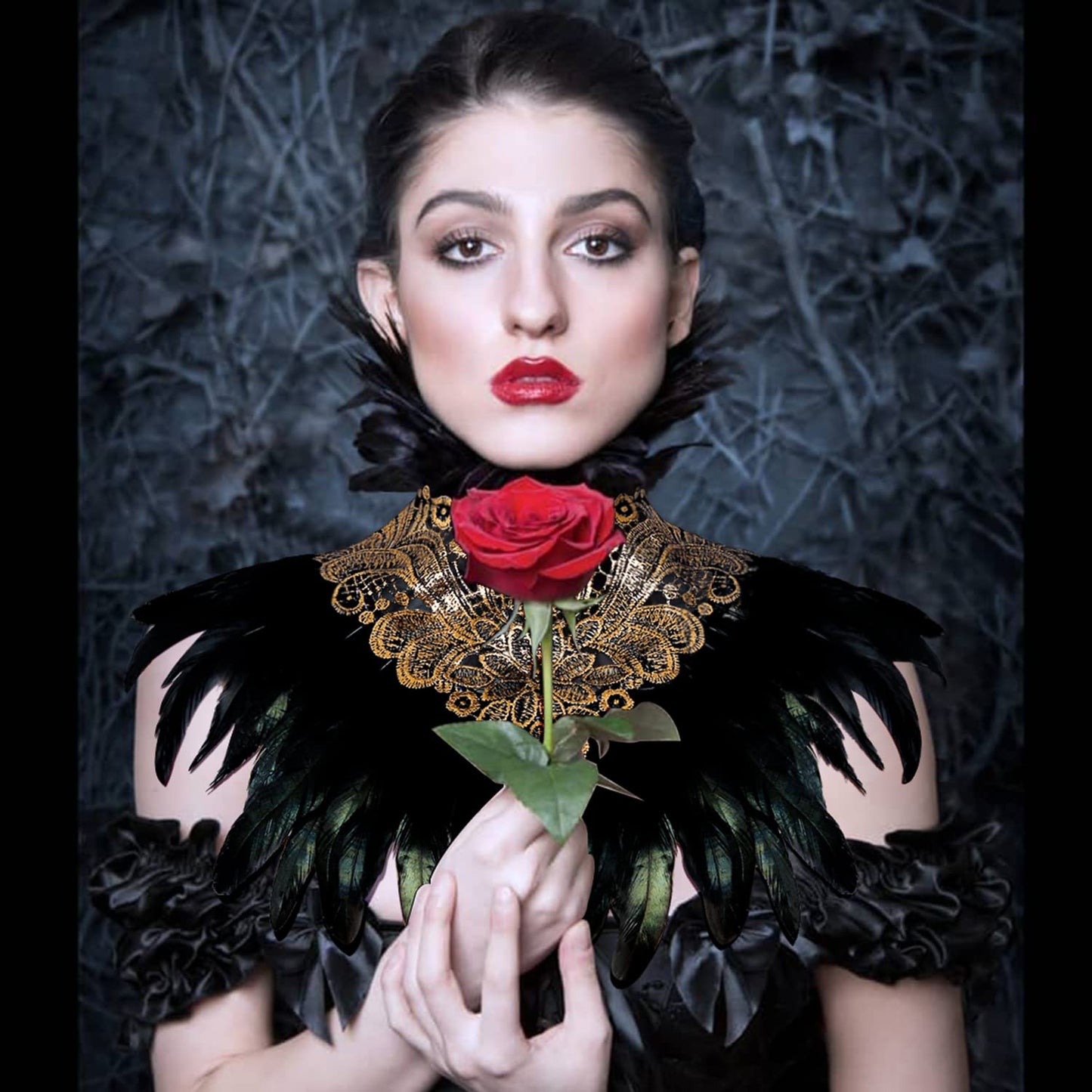 L'VOW Gothic Natural Black Feather Flower Patterned Embroidery Choker Neck warp Collar for Halloween Costume Cosplay
