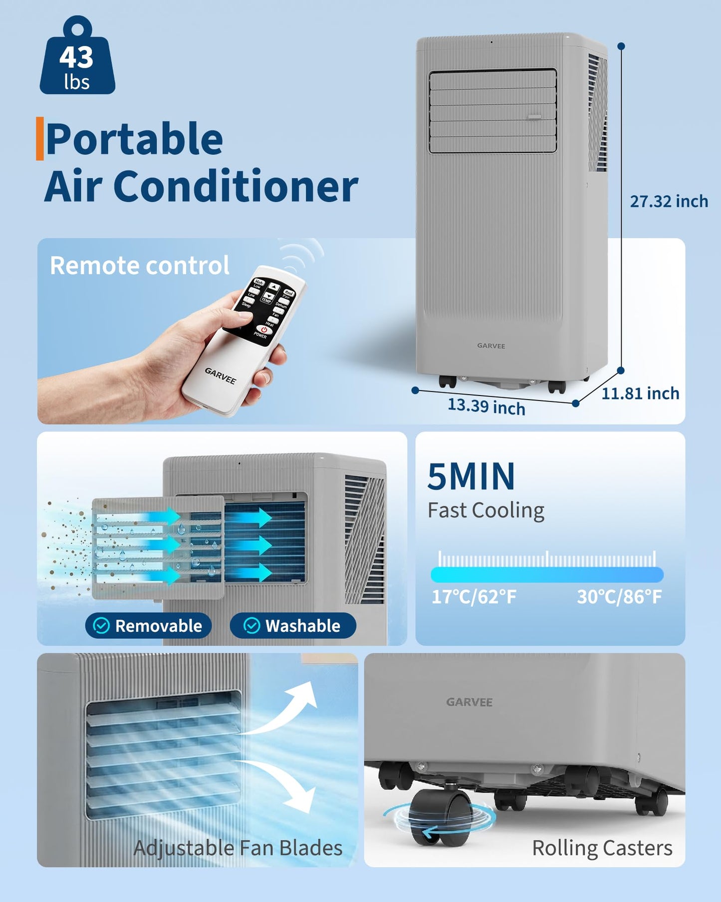 Garvee 10000BTU Portable Air Conditioner,Up to 450 Sq.Ft. Remote Control Silent Portable AC Unit, Dehumidifier,Fan,Sleep Mode,24H Timer&Installation Kit,DOE Certified,Ceer 6.7 Grey