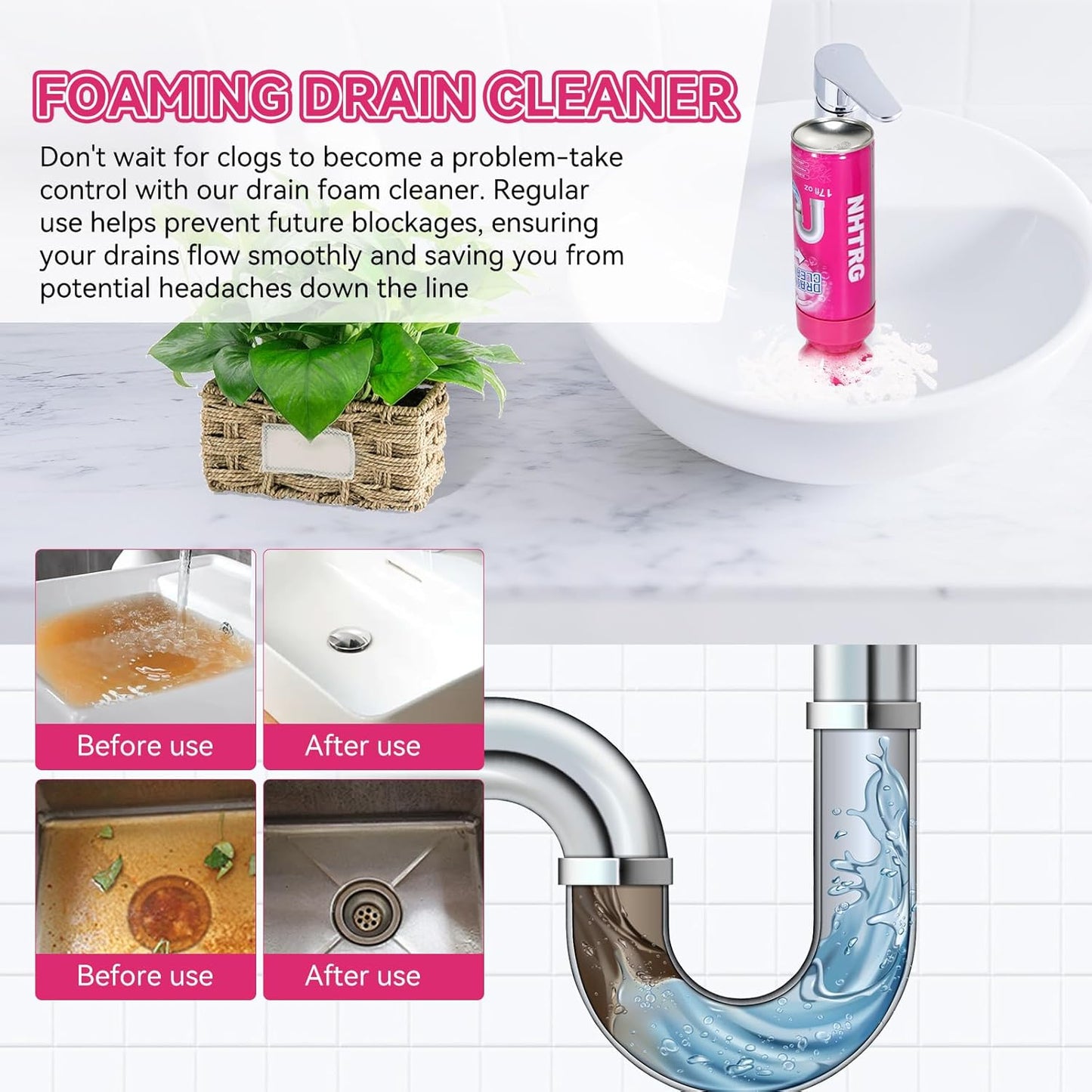 Foaming Drain Cleaner, Sink Cleaner and Deodorizer, Drain Clog Remover for Kitchen Sinks, Tubs, Shower Drains (2pcs, Count, 2)
