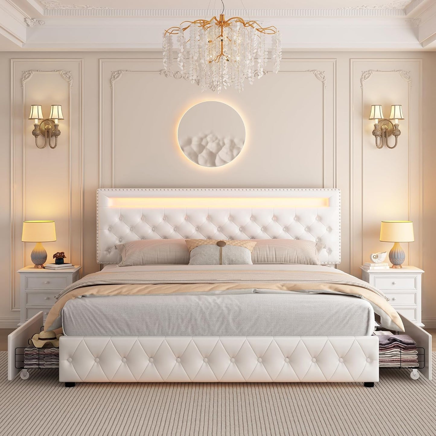 GEGOFORU Queen LED Bed Frame with 4 Storage Drawers, Adjustable LED Headboard, Remote & App Control Lights, Plush Upholstered Platform with Silver Nailhead Trim, No Box Spring Needed - White