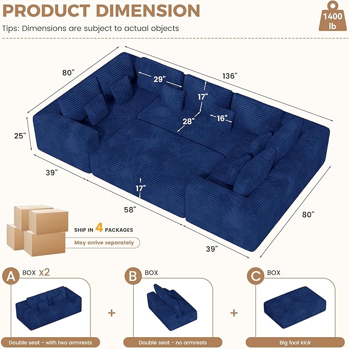 136'' Large Sectional Cloud Couches with Chaise, U Shaped Boneless Sofa Bed with Ottoman, No Assembly Required Deep Seat Modular Lounge for Living Room 4PCS Set, Bedroom(Blue)