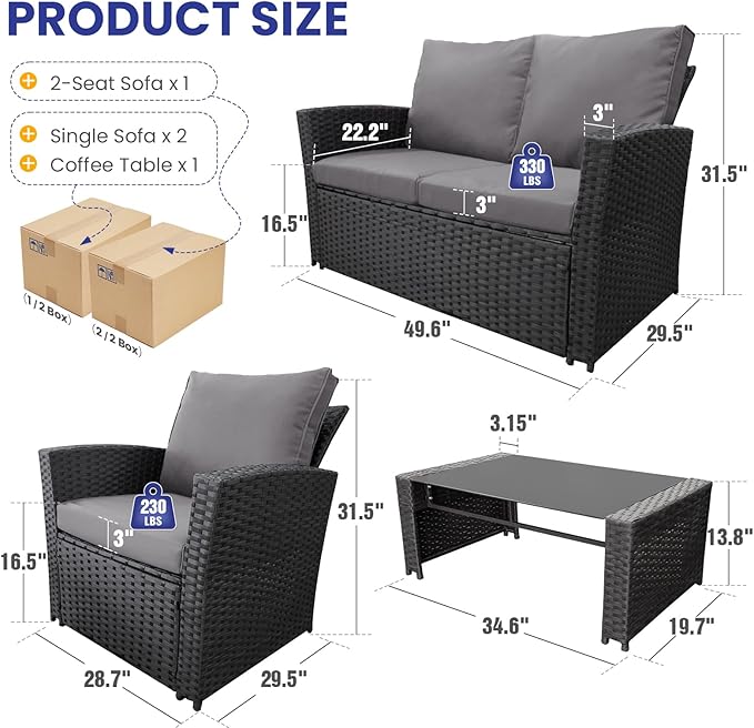 FHFO 4 Piece Outdoor Patio Furniture Set,Wicker Conversation Sets Outdoor Sectional Patio Sofa Couch with Cushions & Coffee Table for Outside, Garden, Balcony, Porch,Black/Grey