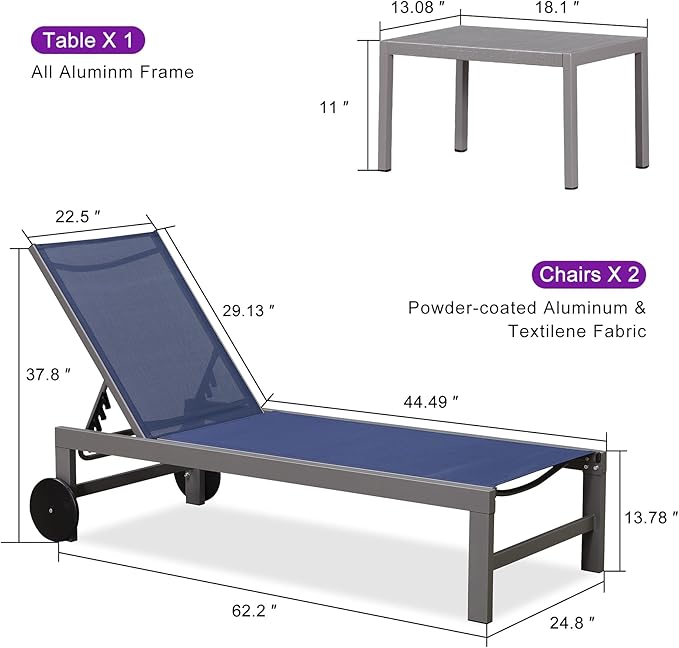 PURPLE LEAF Outdoor Lounge Chair Set for 2 Pool Lounge Chairs with Aluminum Frame and Easy-to-Move Wheels All-Weather Patio Chaise Lounger for Outside Garden Yard Poolside Table Included, Ocean Slate