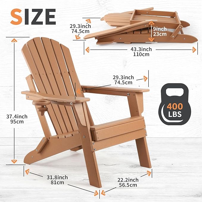FUNBERRY Folding Adirondack Chair, All Weather HDPE Fire Pit Chairs with Cup Holder for Outdoor