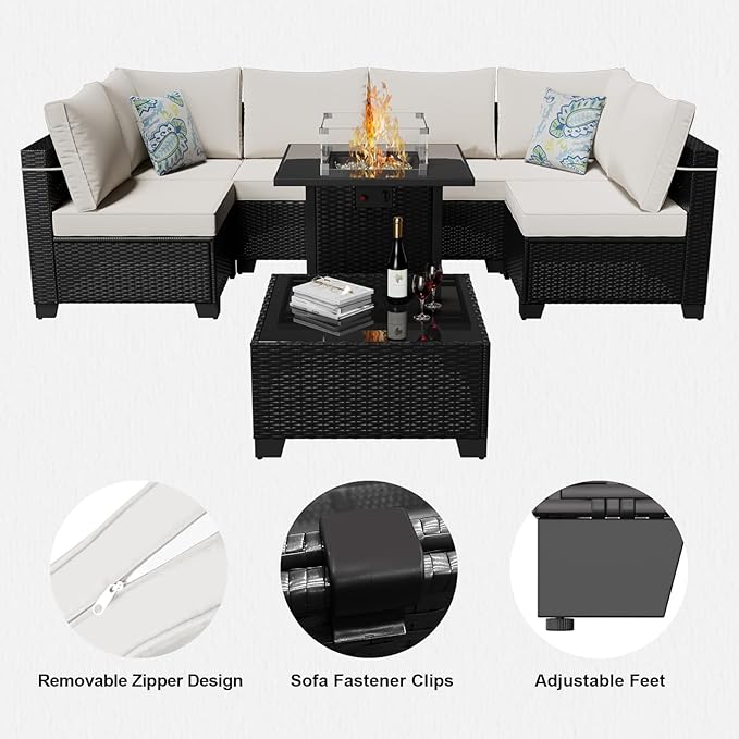 Ophelian 8 Pcs Patio Furniture Set with Fire Pit Table Wicker Outdoor Sectional Sofa, Conversation Set Perfect for Backyard, Garden, Deck (Deep Brown/Beige)
