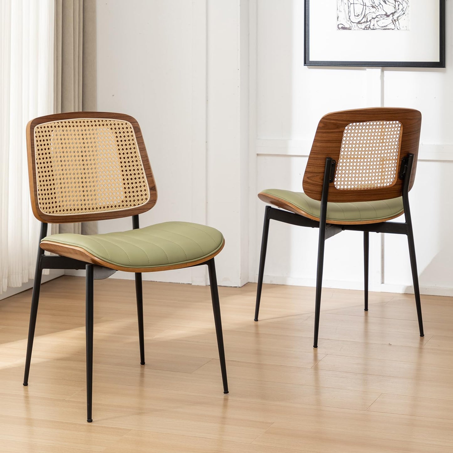 YOUUGIOR Rattan Dining Room Chairs Set of 4,Mid Century Modern Green PU Leather Kitchen Chair,Upholstered Seat Metal Legs Chairs with Adjustable Foot Pads,Walnut Armless Side Chairs