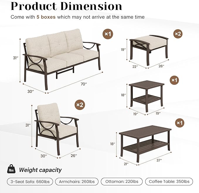 FansaFurn 7-Pieces Outdoor Patio Furniture Set, Outdoor Metal Sectional Furniture with Cushions, Outdoor Conversation Seating Set with Coffee Table for Backyard,Garden, Balcony, Deck, Backyard, Khaki