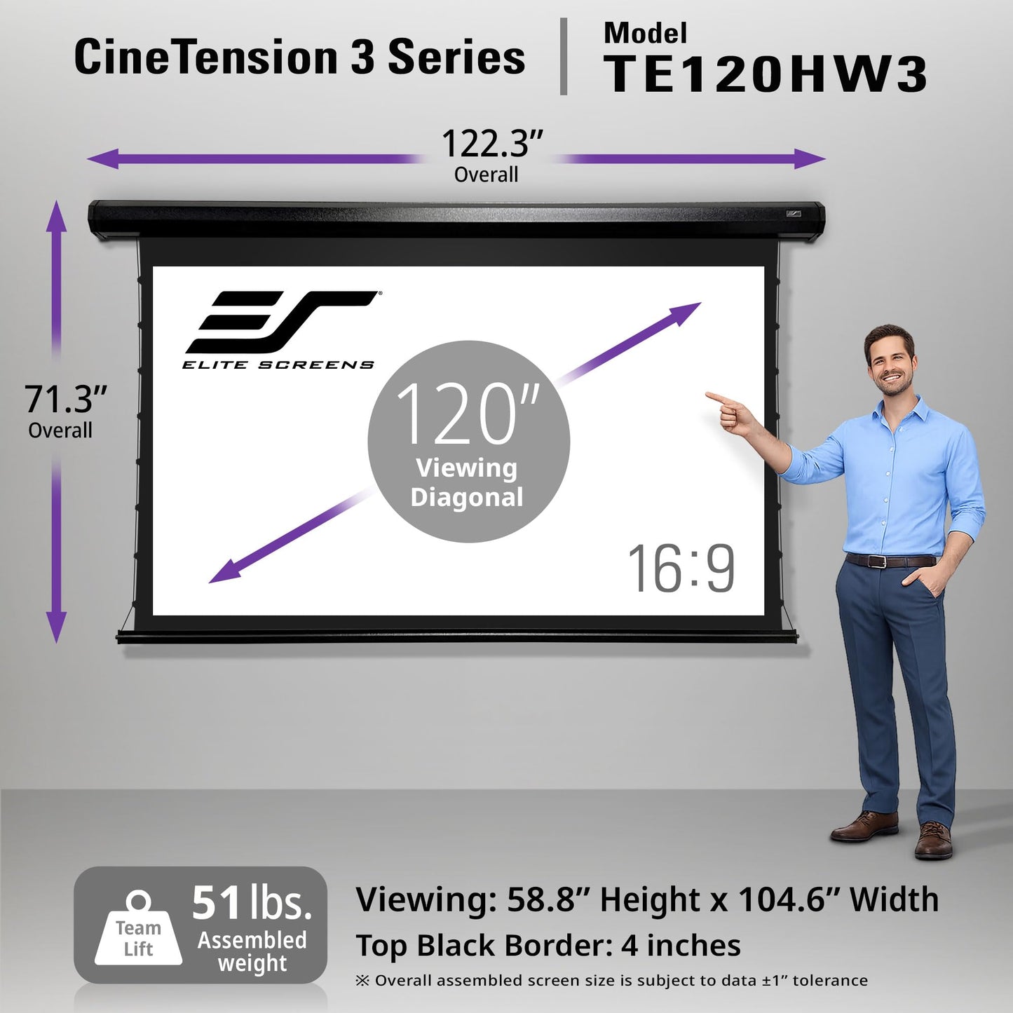 Elite Screens CineTension 3 Projector Screen, 120-inch 16:9, Indoor Electric Motorized ISF Material Tab Tension Home Theater Automatic Front Projection Movie Office Presentations, TE120HW3, Black