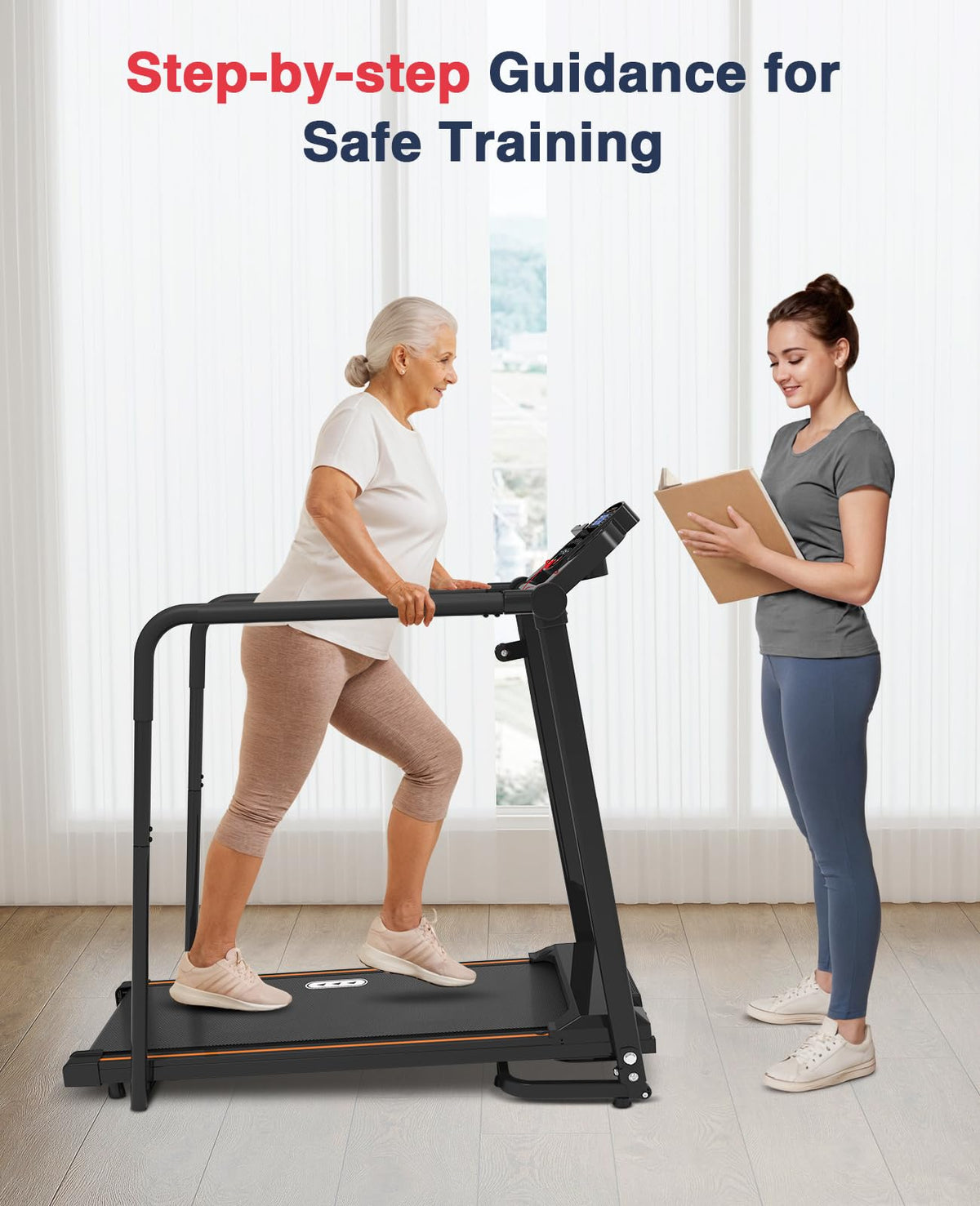 Redliro Walking Treadmill with Long Handrails – Treadmill for Seniors 300 lbs Capacity – Foldable, Lightweight with Wheels, Cup & Phone Holder – Recovery Machine for Home or Apartment