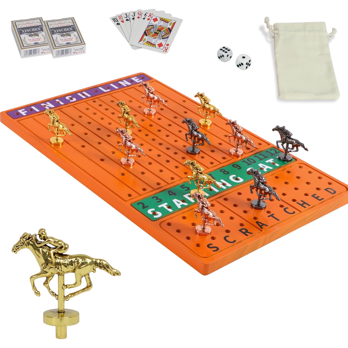 HOROW Horse Racing Board Game Solid Wood Horse Race Card and Dice Board Game Luxury Edition Set with 11 Metal Horses 2 Dices and 2 Boxes of Cards（Rectangle,Red Peach）…