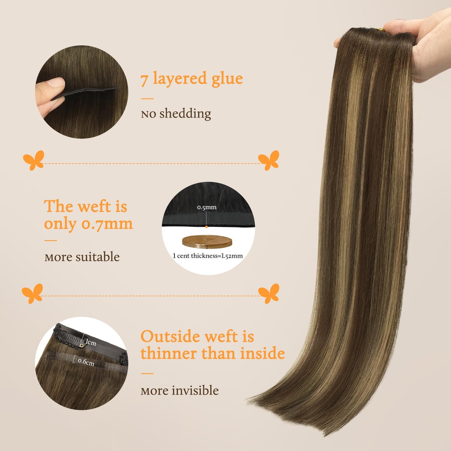 DOORES Invisible Edge Clip in Hair Extensions - Chocolate Brown to Caramel Blonde, 150g 7pcs 22 Inch Virgin Straight Human Hair