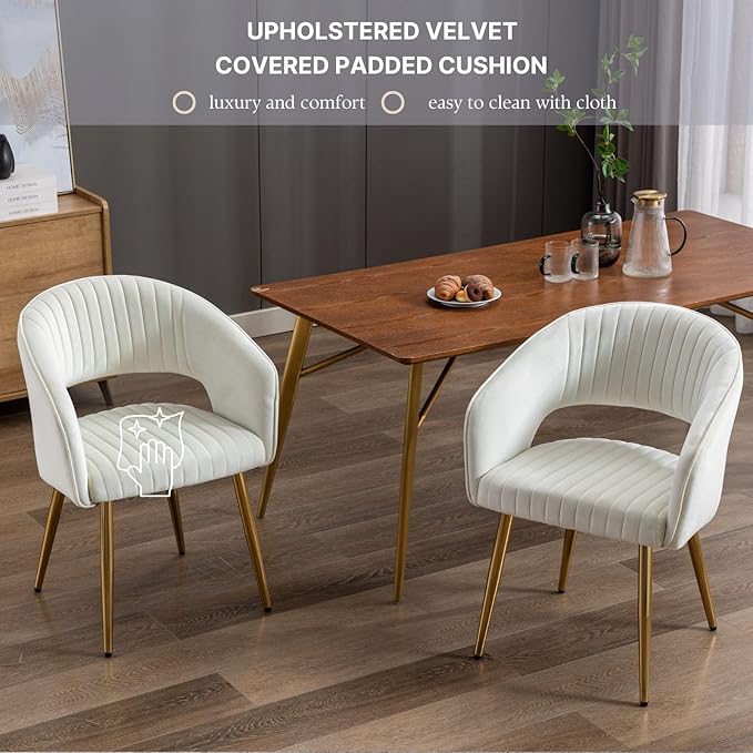 Cream Velvet Dining Chairs Gold Legs, Modern Dining Room Chairs with Arms Set of 2 Upholstered Accent Chair Armchair with Barrel Back for Kitchen Living Room