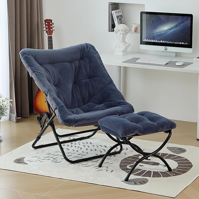 Givjoy Comfy Folded Chair with Ottoman, Oversized Folding Faux Fur Chair Soft Furry Lounge Lazy Chair with Metal Frame Moon Chair Accent Chair for Bedroom, Living Room, Dorm Rooms