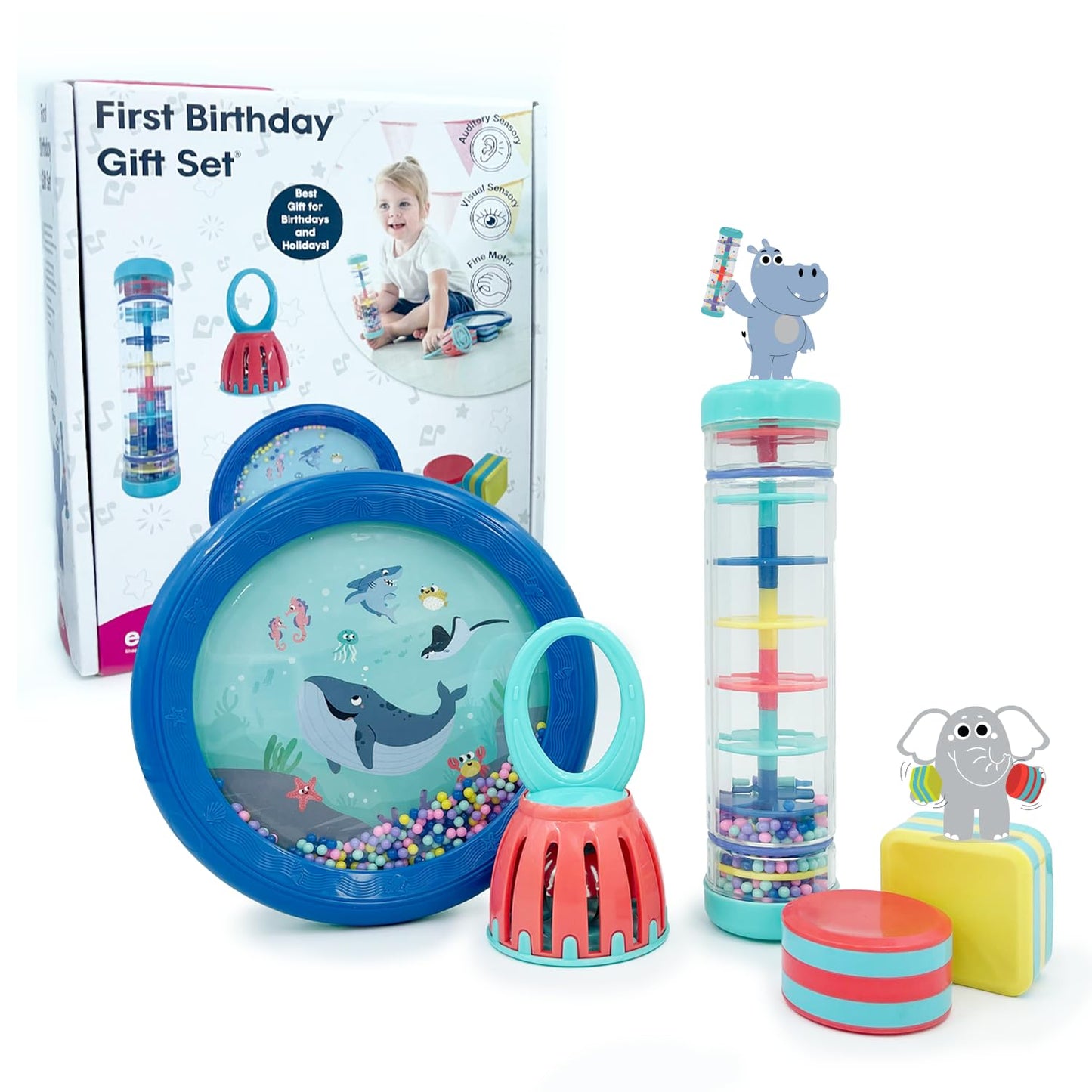 Edushape First Birthday Gift Set - Baby Musical Instruments & Toddler Music Set - Music Toys Baby Gift – Includes Hand Drum, Rain Stick, Shakers, Bell - Interactive Toddler Music Toys for Toddlers 1-3