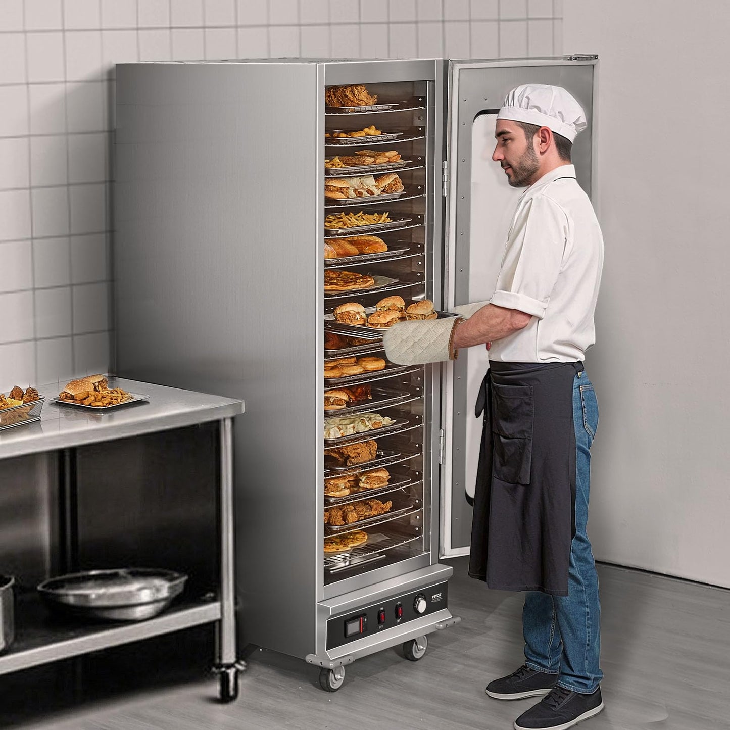 VEVOR Hot Box Food Warmer, 16-Tier Large Concession Warmer with Water Tray, Glass Single-Door and Adjustable Shelves, Stainless Steel Food Warmer Cabinet, Ideal for Storing Pizza, Chicken, Restaurant